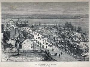 Découverte du Canada : vue de la ville de Québec à la fin du 19ème siècle. Dessin de Barclay. Gravure de la fin du 19ème siècle dans "La nouvelle France" d