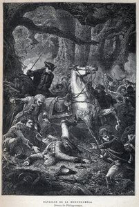 Bataille de la Monongahela en 1755 pendant la guerre de Sept Ans. Dessin de Philippoteaux. Gravure de la fin du XIXe siècle dans "La nouvelle France" par Eugène Guenin - French School
