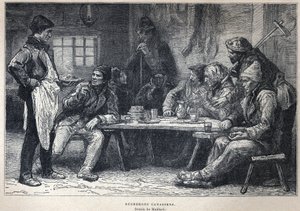 Découverte du Canada : bûcherons canadiens. Dessin de Maillard. Gravure de la fin du 19ème siècle dans "La nouvelle France" d