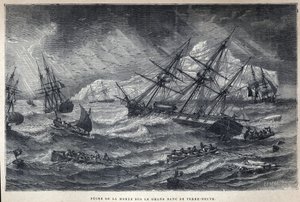 Pêche à la morue sur le Grand Banc de Terre-Neuve. Gravure de la fin du XIXe siècle dans "La nouvelle France" par Eugène Guenin - French School