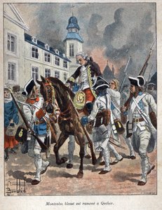 Découverte du Canada : Louis Joseph de Montcalm (1712-1759), général français blessé lors du siège de la ville de Québec par les Anglais et ramené à Québec en 1759. Gravure de la fin du XIXe siècle dans "La Nouvelle France" par Eugène Guénin