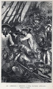 Jacques Pierre de Taffanel de la Jonquière (1685-1752), officier de marine français à la tête du navire français "Le sérieux" résistant à cinq navires anglais. Dessin de Sahib. Gravure de la fin du XIXe siècle dans "La nouvelle France" par Eugène Guenin - French School