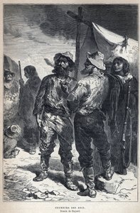 Découverte du Canada : coureur des bois (impliqué dans le commerce de fourrures avec les Amérindiens). Dessin de Bayard. Gravure de la fin du XIXe siècle dans « La nouvelle France » par Eugène Guénin.