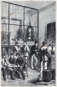 Atelier de distillateur à Paris au XIXe siècle - Gravure dans « Les sciences mises à la portée de tous - physique et chimie » par Alexis Clerc - Fin XIXe siècle - Collection privée - French School