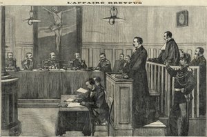 Affaire Dreyfus en 1898 : une audience du Conseil de guerre : le procès du commandant Esterhazy. Gravure dans « Le petit parisien » de 1898.