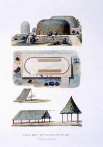 Habitations dans le village de Likiliki, Nouvelle-Irlande, 1826 - French School