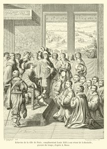 Échevins de la ville de Paris, complimentant Louis XIII à son retour de la Rochelle, gravure du temps; d