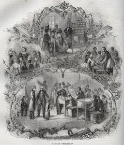 Écoles primaires en France au 19ème siècle - gravure dans - Nouvelle Encyclopédie Nationale par Maurice La Charest - 1870 - French School