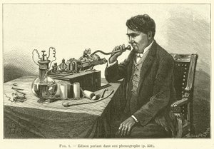Edison parlant dans son phonographe - French School