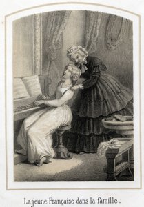 Éducation des jeunes filles de bonnes familles : une jeune Française assise au piano est reprise par sa gouvernante. Gravure anonyme du XIXe siècle - French School