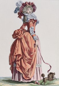 Femme élégante avec son chien, planche de mode de la Galerie des Modes et Costumes Français, gravée par Bacquoy - French School