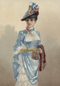Jeune femme élégante en robe bleue, portant un petit sac à main - French School