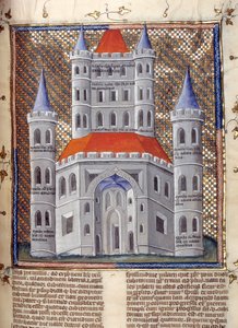 Élévation de la façade du Temple de Salomon à Jérusalem Miniature tirée de « Commentaires de la Bible » par Nicholas de Lyre (13ème siècle) 14ème siècle Cambrai, bibliothèque municipale - French School