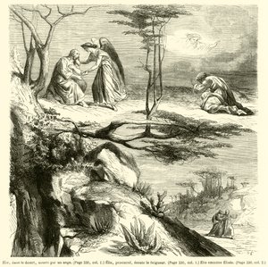 Élie, dans le désert, nourri par un ange, Élie, prosterné, écoute le Seigneur, Élie emmène Élisée - French School