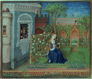 Émelye dans son jardin. Les chevaliers emprisonnés Palamon et Arcite, des Heures du Duc de Bourgogne - French School