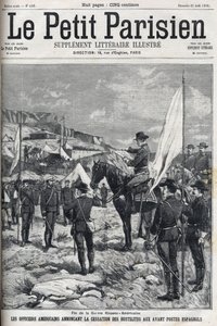 Fin de la guerre hispano-américaine en 1898. Officiers américains annonçant la cessation des hostilités aux avant-postes espagnols. Gravure dans « Le Petit Parisien » de 1898. - French School
