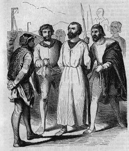 Enguerrand de Marigny chambellan et ministre du roi Philippe IV le Bel marchant vers la torture en 1315. Gravure du 19ème siècle. - French School