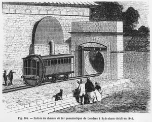 Entrée du chemin de fer pneumatique de Londres à Sydenham, établi en 1865 - dans « Les Merveilles de la Science », par L. Figuier - French School
