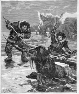 Esquimaux - pêche au morse - Esquimaux - pêche au morse en 1888 - gravure dans "Journal des Voyages" 1888 - French School