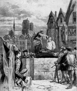 Esmeralda donnant à boire à Quasimodo sur la Place de Grève. Illustration de "Notre Dame de Paris" de Victor Hugo (1802-1885). Gravure de 1879. - French School