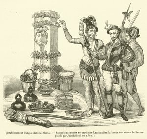 Etablissement francais dans la Floride, Satouriona montre au capitaine Laudonniere la borne aux armes de France placee par Jean Ribaud en 1562 - French School