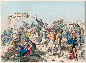 Eudes (Odon) (860-898), dynastie carolingienne, a mené la bataille contre les Normands et a défendu victorieusement Paris (885-887) - Eudes (860-898) en bataille contre les Normands - Gravure de la fin du XIXe siècle dans « Nos Gires Nationales - Images et - French School