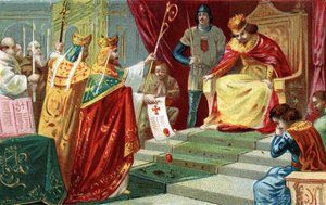Excommunication de Robert II le Pieux en 998. Le roi de France, fils de Hugues Capet, tombe amoureux et épouse sa cousine Berthe de Bourgogne malgré la désapprobation du pape Grégoire V, qui l