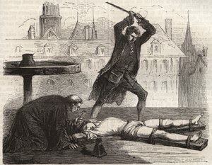 Exécution (Le supplice de la roue) du poisonneur Antoine-François Desrues (1744-1777) sur la Place de Grève à Paris en 1777 - Supplice de Desrues, rompu sur la roue sur la Place de Grève à Paris - French School