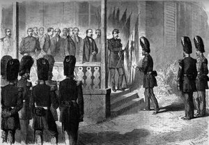 Expédition du Mexique (1861-1867) : Napoléon III (1808-1873) remet aux sergents des régiments des grenadiers de la garde les drapeaux pris par l