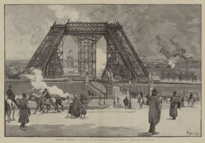 Exposition Universelle, Etat actuel de la tour Eiffel, vue prise du parc du Trocadero (engraving) - French School