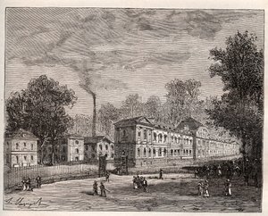 Vue extérieure de la Manufacture impériale de porcelaine de Sèvres, construite dans le parc de Saint-Cloud selon les plans de l