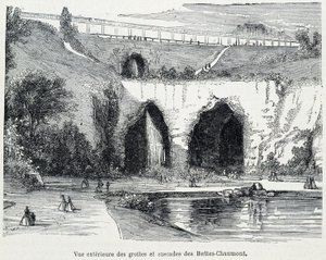 Vue extérieure des cascades et grottes des Buttes Chaumont, gravure du 19e siècle - French School