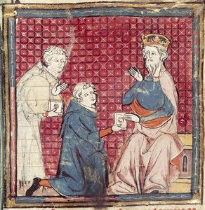 F.117r Messagers annonçant à Charlemagne la victoire sur les Sarrasins, des Grandes Chroniques de France, 1375-79 - French School
