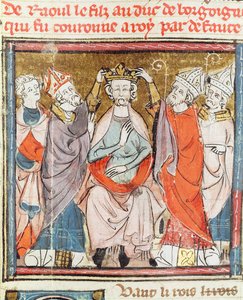 F.188r Raoul, fils du duc de Bourgogne, couronné roi de France, des Grandes Chroniques de France, 1375-79 - French School