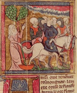 Ferdinand de Portugal (1186-1233) Comte de Flandre emmené prisonnier à Paris après la bataille de Bouvines, 27 juillet 1214, Grandes Chroniques de France, 1375-79