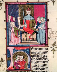 F.39r Loi conjugale, une femme adultère comparaissant devant le tribunal, de Justiniani in Fortiatum - French School