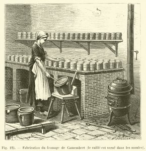 Fabrication du fromage de Camembert, le caille est verse dans les moules - French School