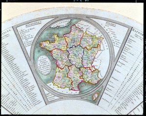 Éventail représentant la Carte de France divisée en 9 régions, 10 métropoles et 83 départements, 1790