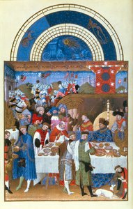 Fac-similé de janvier : scène de banquet par les frères Limbourg, du Très Riches Heures du Duc de Berry