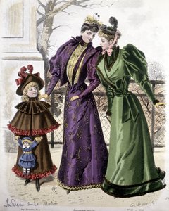 Mode : 2 femmes et une fille tenant une poupée. 1892 - French School