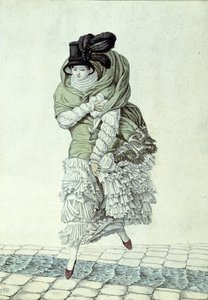 Planche de mode représentant une dame traversant un ruisseau d