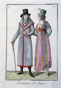 Mode sous le Directoire : un couple de Parisiens élégants. Lithographie anonyme de 1795. Paris, musée du costume - French School