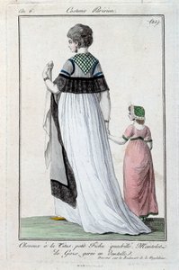 Mode sous le Directoire : jeune élégante parisienne portant la coiffure Titus, manteau de gaze avec dentelle. 1797. Paris, musée du costume - French School