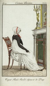 Femme à la mode assise devant une cheminée - French School
