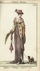 Femme à la mode promenant son chien jouet - French School