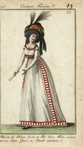 Femme à la mode avec éventail, coiffure énorme et chapeau - French School