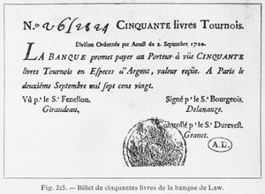 Billet de banque français de cinquante livres de la Banque Law, daté du 2 septembre 1720 - French School