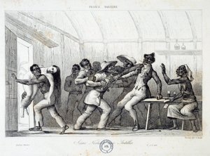Combat dans une taverne aux Antilles, une jeune femme blanche est enlevée par des voleurs. Gravure du 19ème siècle. Chartres, Musée des Beaux-Arts - French School