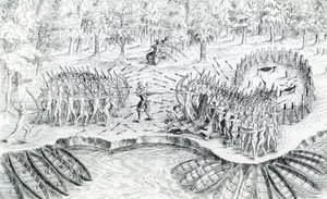 Combat des Hurons, tiré du Voyage de Champlain en 1624 par Samuel de Champlain - French School