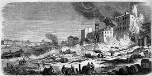 Incendie des entrepôts de vin de Bercy le 5 août 1860. Gravure dans « Le Monde Illustré » n°174 du 11 août 1860 - French School